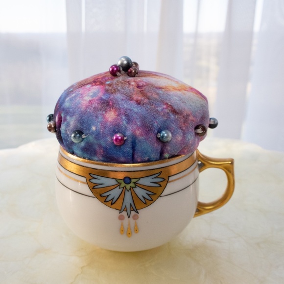 Galaxy Teacup Pincushion Hand Sewn With Craft Pearls Upcycled Austrian Cup NWOT - Picture 12 of 15